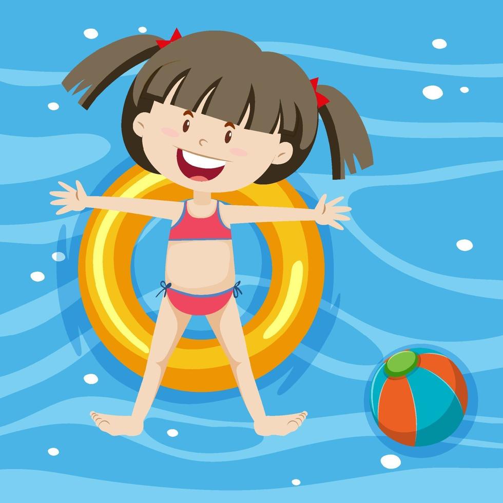 Top view of a girl laying on swimming ring on pool background vector