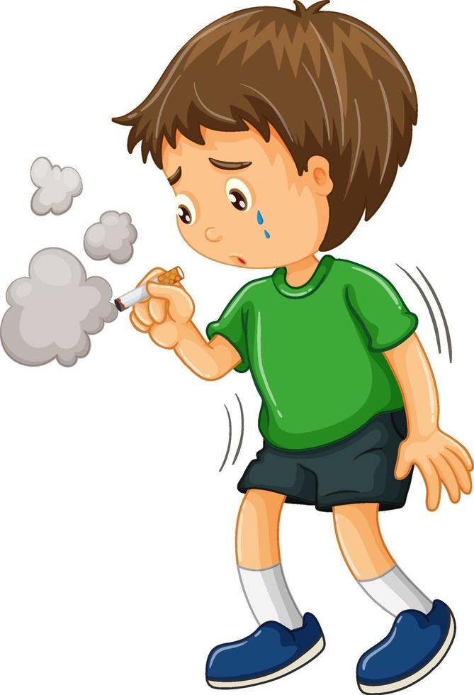 un niño tratando de fumar cigarrillo personaje de dibujos animados vector