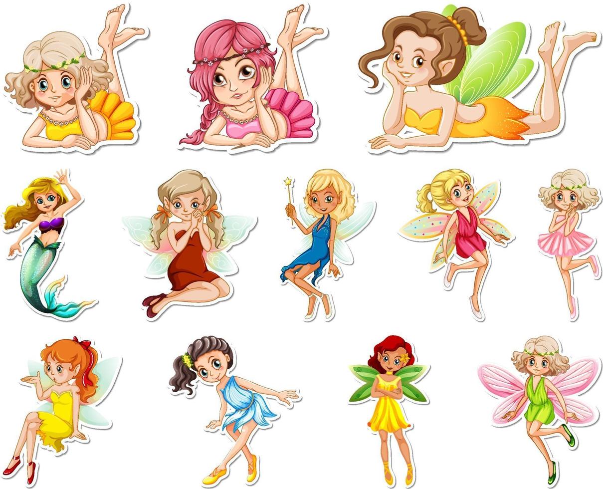 Set of stickers with beautiful fairies and mermaid cartoon character vector