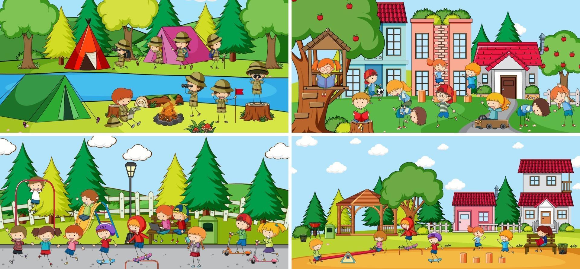 Outdoor scene set with many kids doodle cartoon character vector