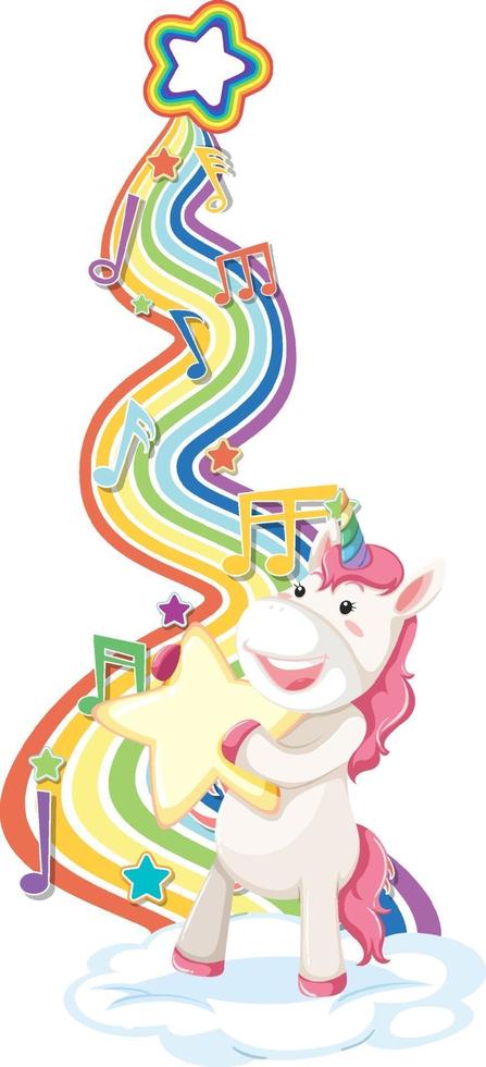 Unicorn holding star with rainbow on white background vector