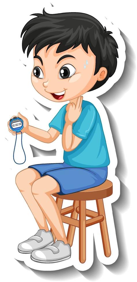 Cartoon character sticker with sport coach boy holding a timer vector