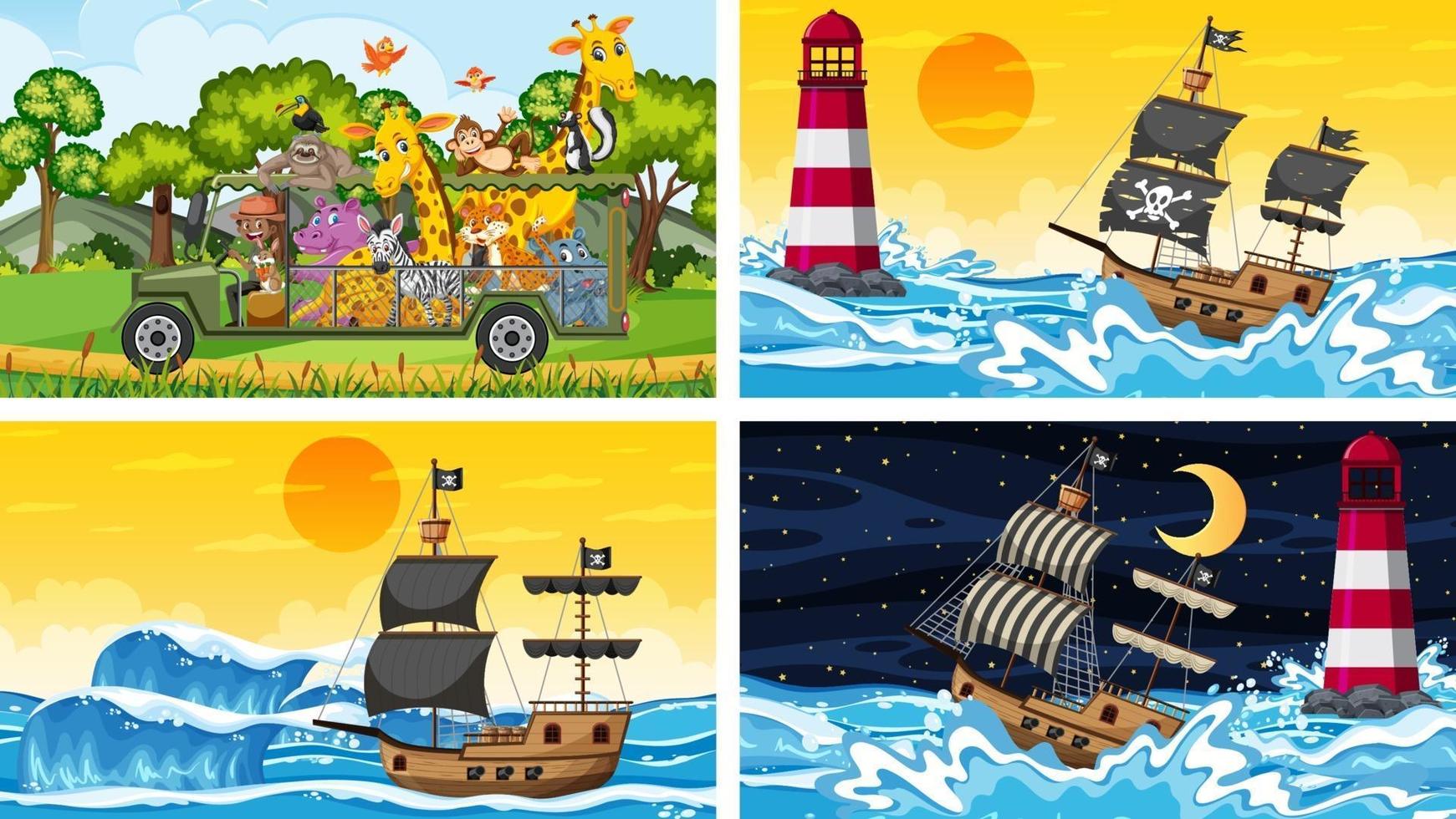 Diferentes escenas con animales en el zoológico y barco pirata en el mar. vector