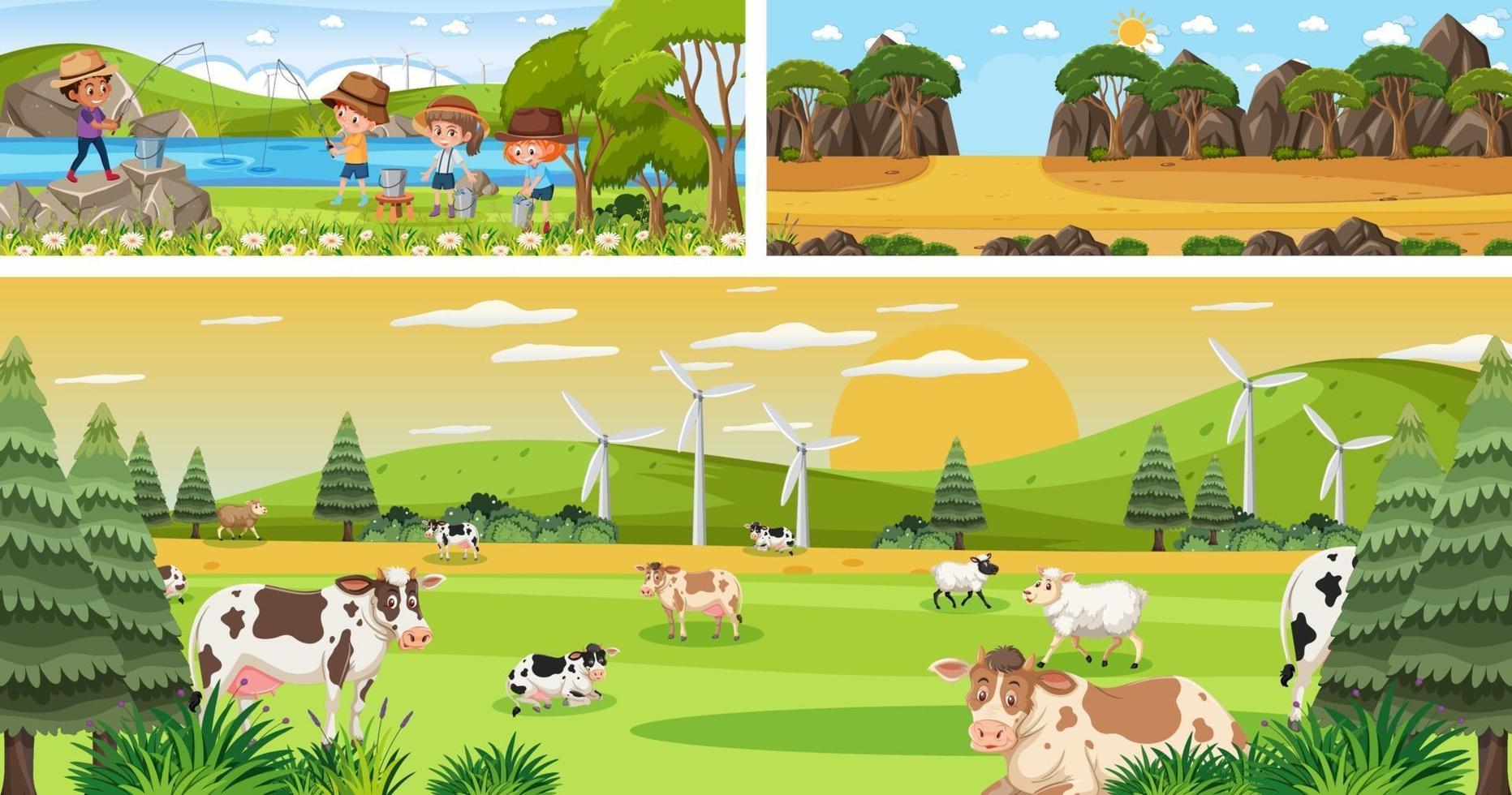 paisaje de naturaleza diferente con personaje de dibujos animados vector