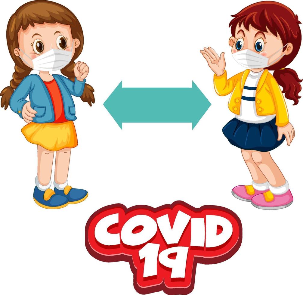 Covid-19 font with two children keeping social distance vector