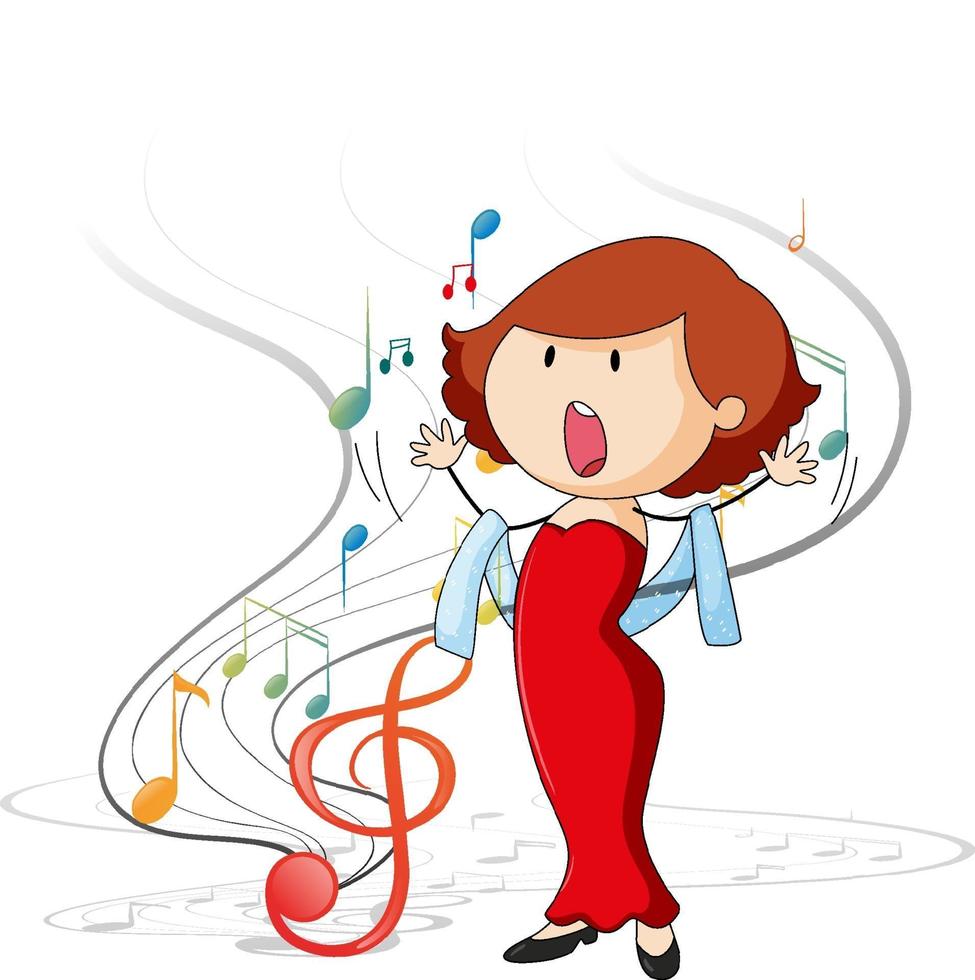 Doodle personaje de una mujer cantante cantando con símbolos de melodía musical vector