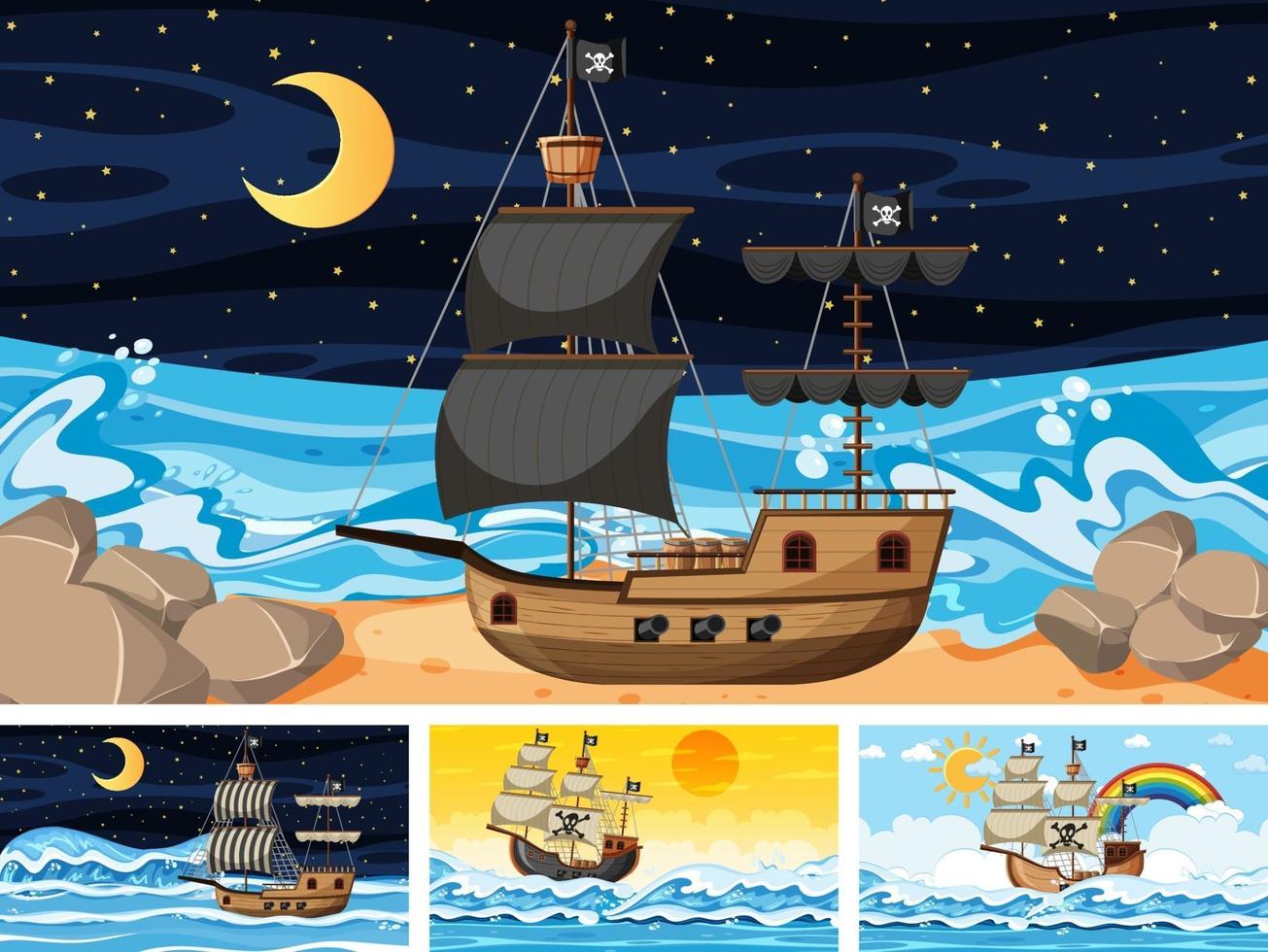 Set of Ocean with Pirate ship at different times scenes vector