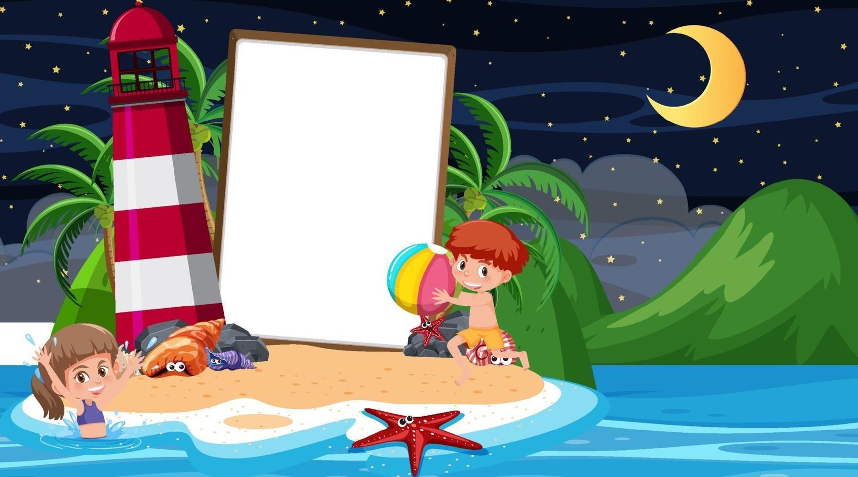 Niños de vacaciones en la escena nocturna de la playa con una pancarta vacía vector