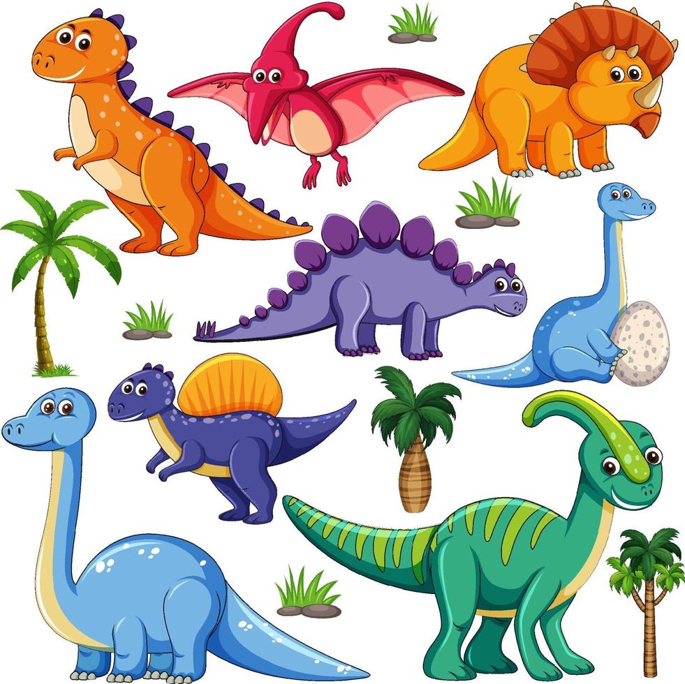 Isolated various dinosaurs cartoon character on white background vector