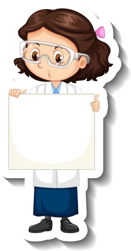 Sticker with a girl in science gown holding empty banner vector