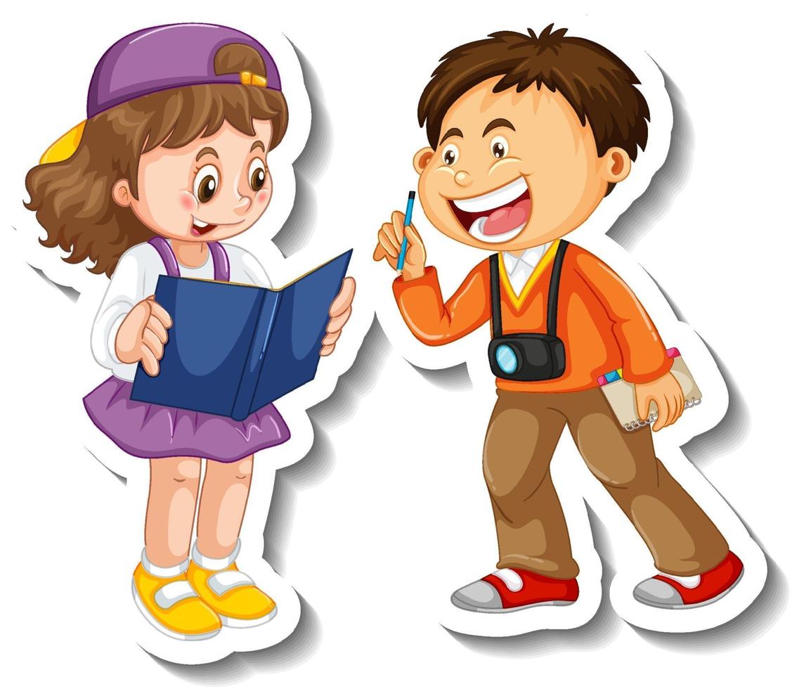 Sticker template with couple of kids students cartoon character vector