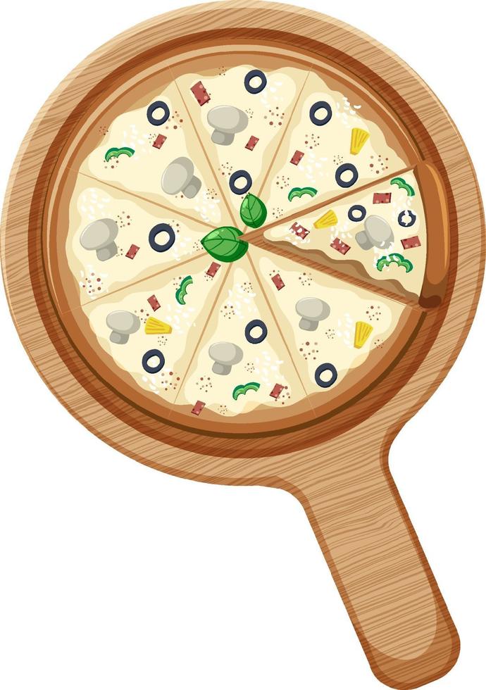 A whole vegan pizza with mushroom and olive topping on wooden plate vector