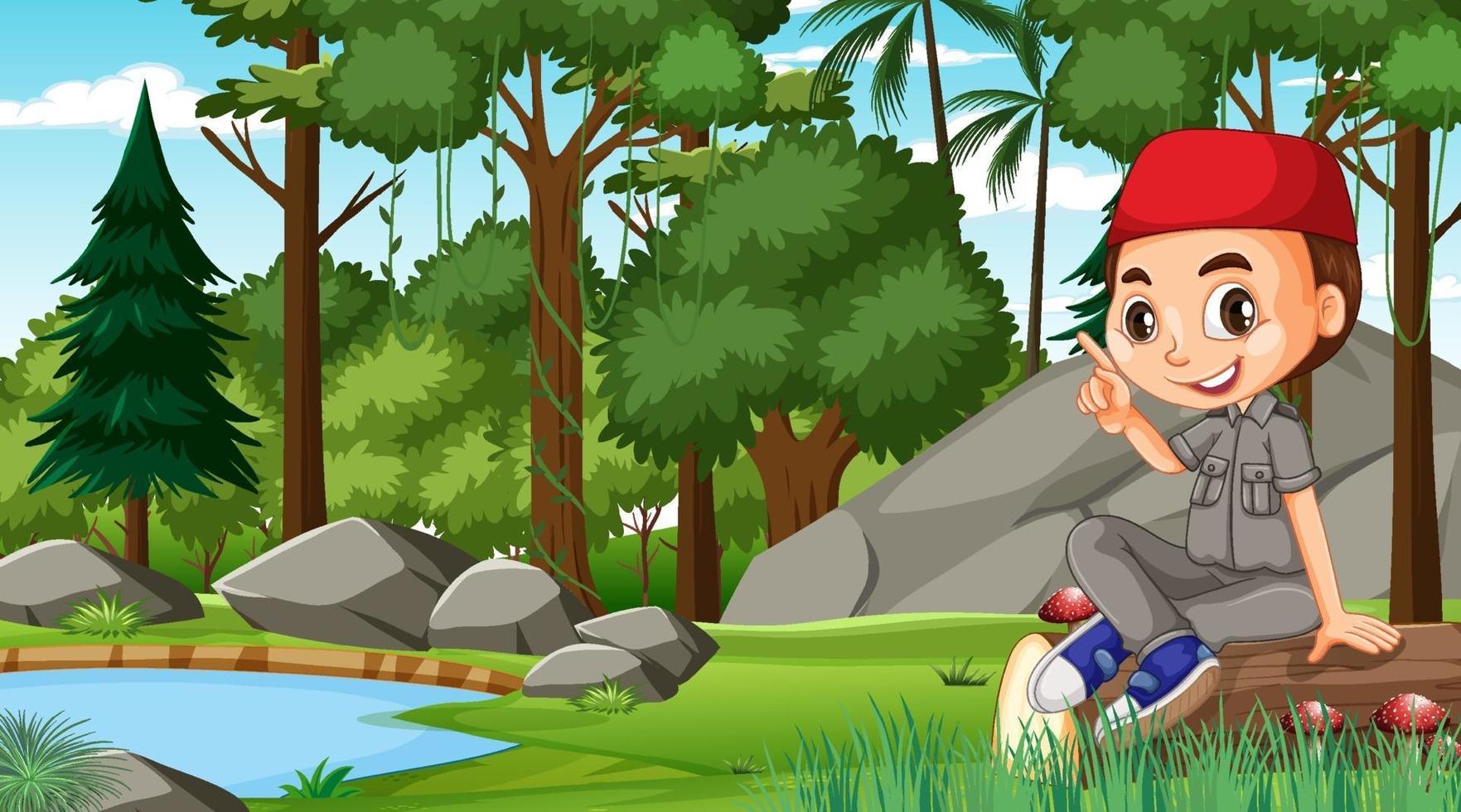 Nature scene with a muslim boy exploring in the forest vector