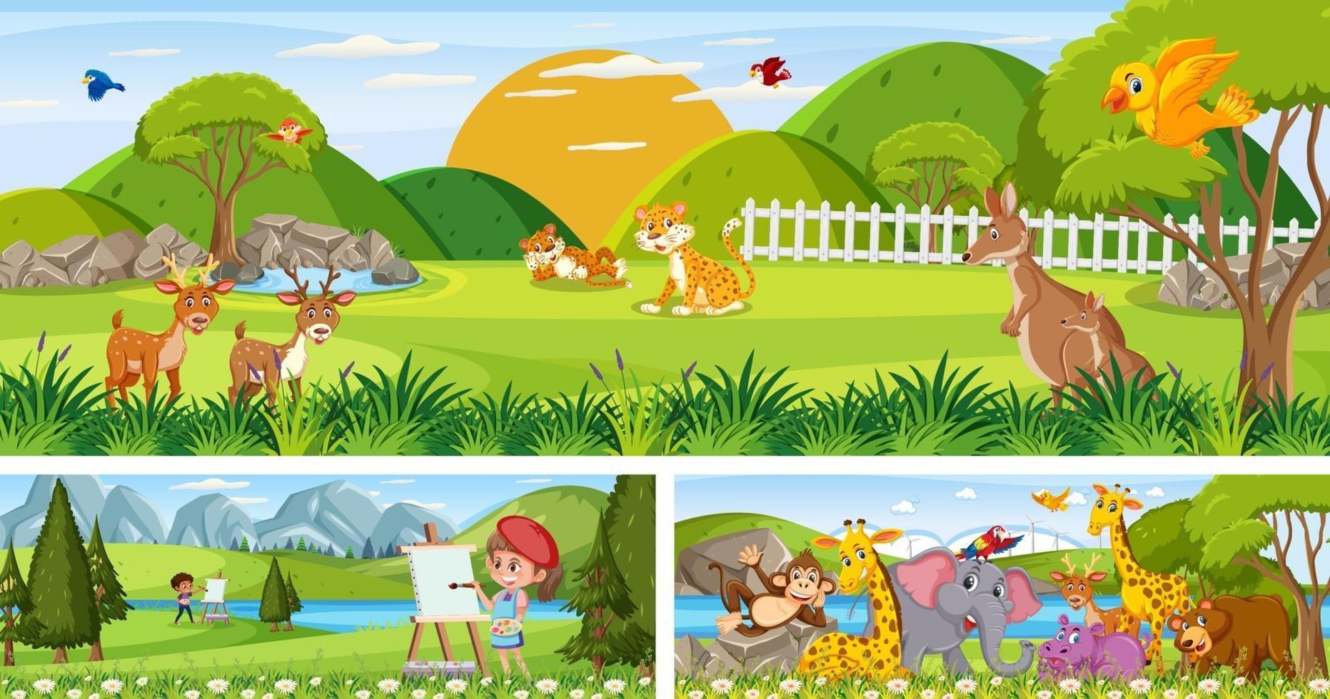 Different nature landscape with cartoon character vector