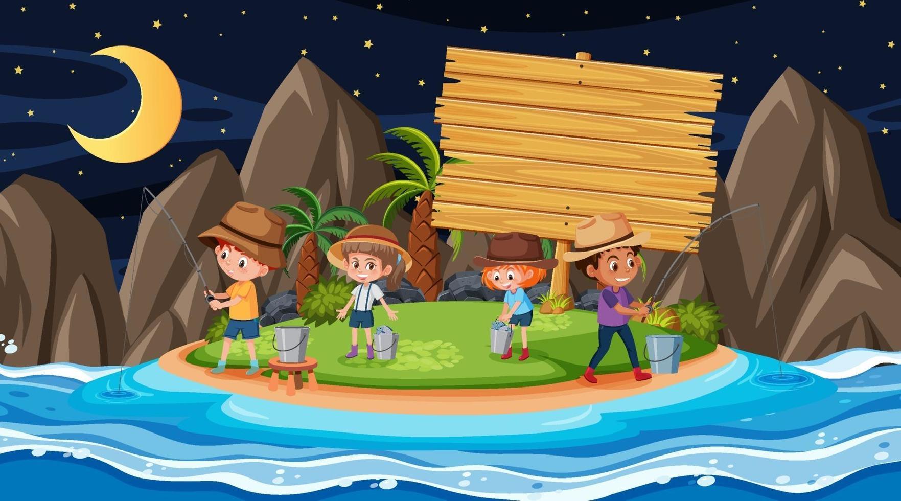 Kids on vacation at the beach night scene with an empty wooden banner vector