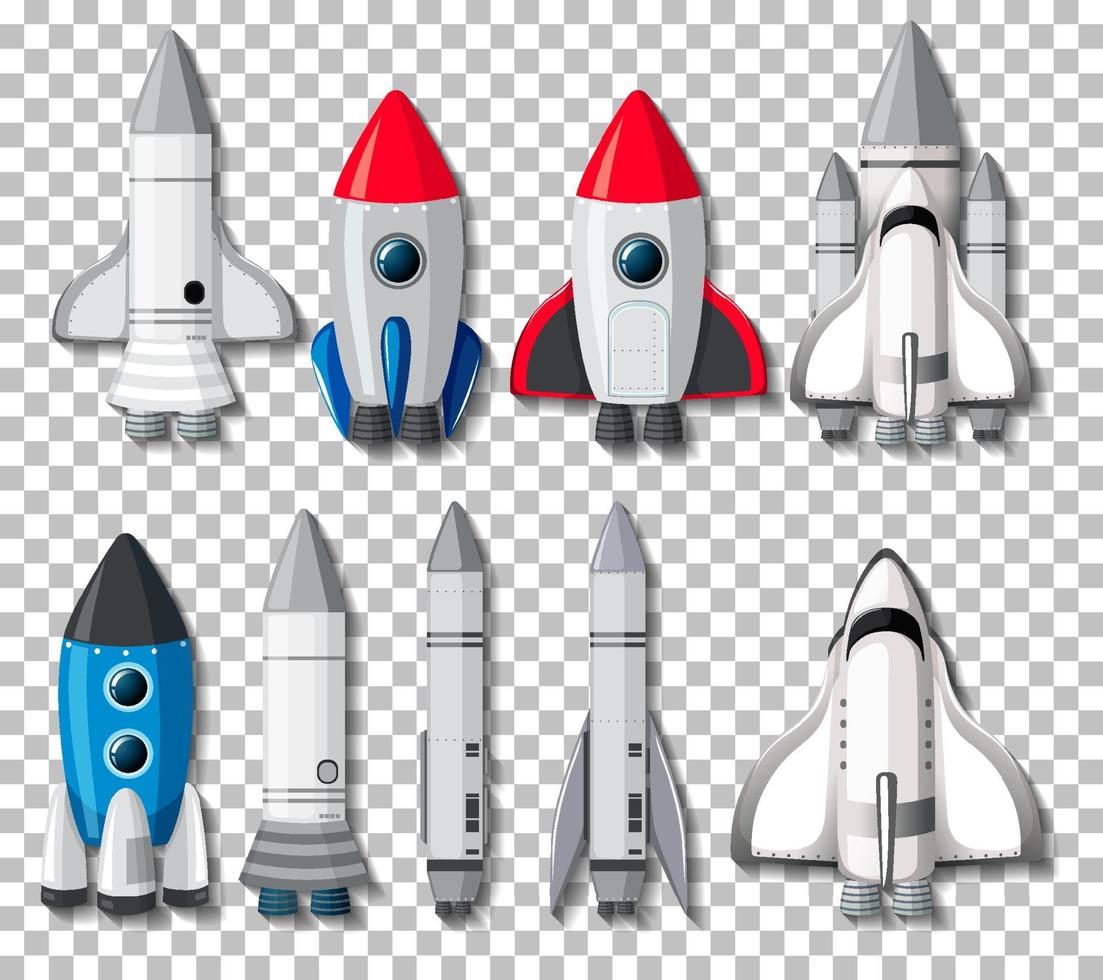 Set of different rockets and spaceships vector