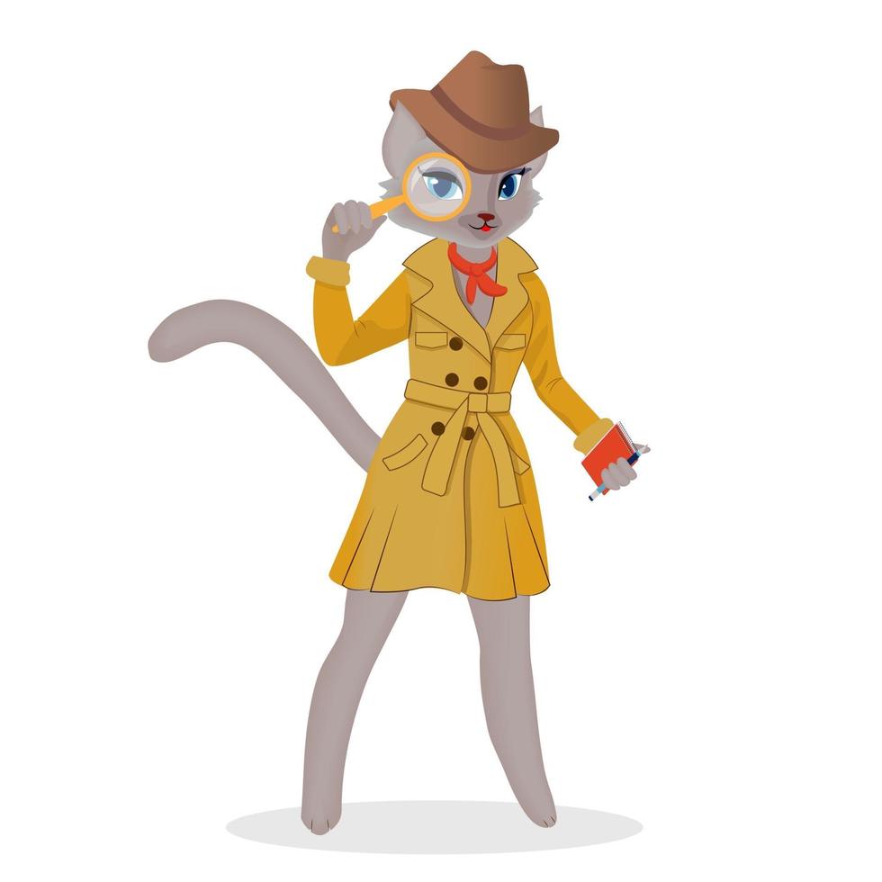 gato detective con una lupa en un abrigo. ilustración vectorial vector