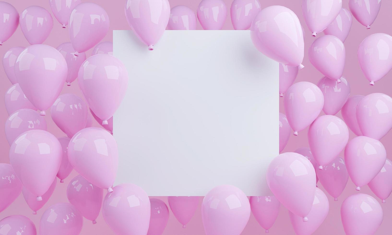 Fondo de globos de color rosa de renderizado 3D con cuadrado blanco vacío foto