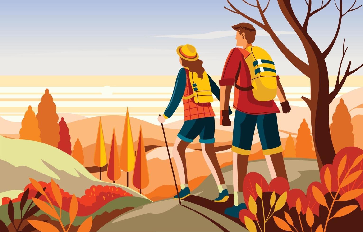 Couple Hiking in the mountain on Fall Season vector