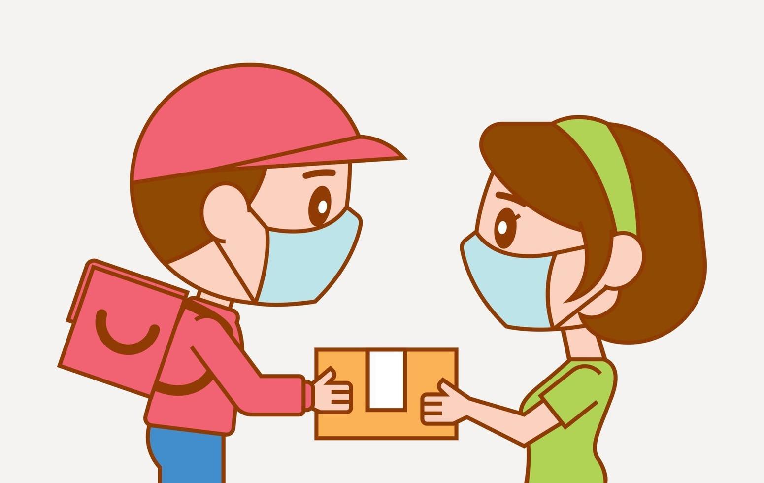 delivery man giving parcel to woman customer with protected face mask vector