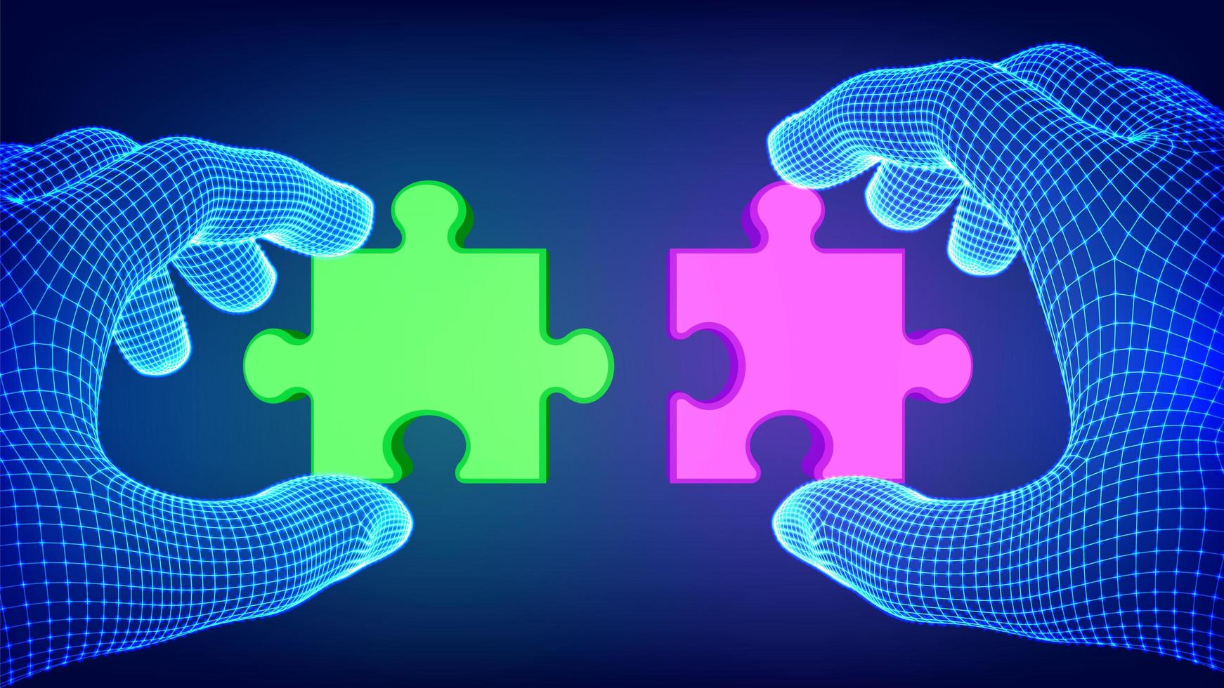 Two hands trying to connect couple puzzle piece. vector