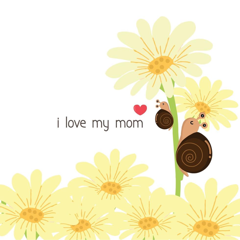 Happy Mother's Day Greeting Card. Mom and baby snail cartoon. vector