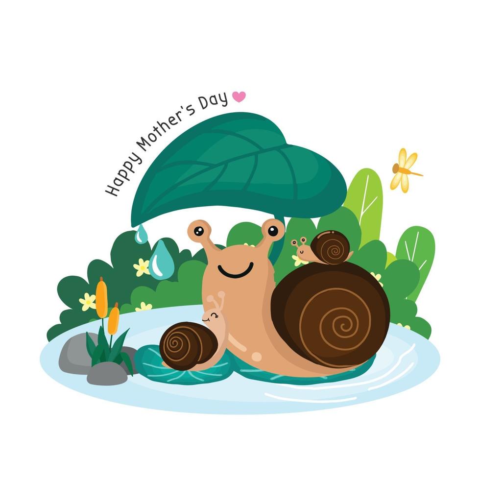 tarjeta de felicitación del día de la madre feliz. dibujos animados de caracol de mamá y bebé. vector