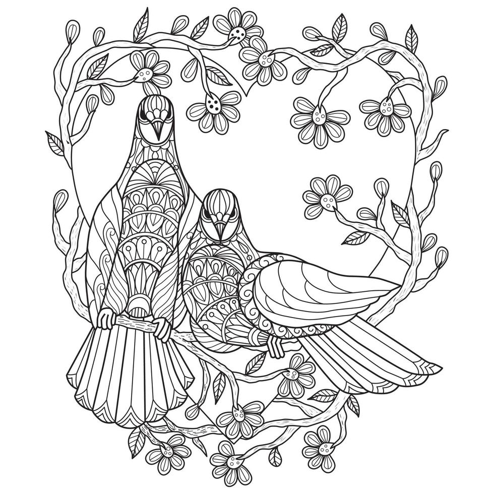 Birds and flowers hand drawn for adult coloring book vector