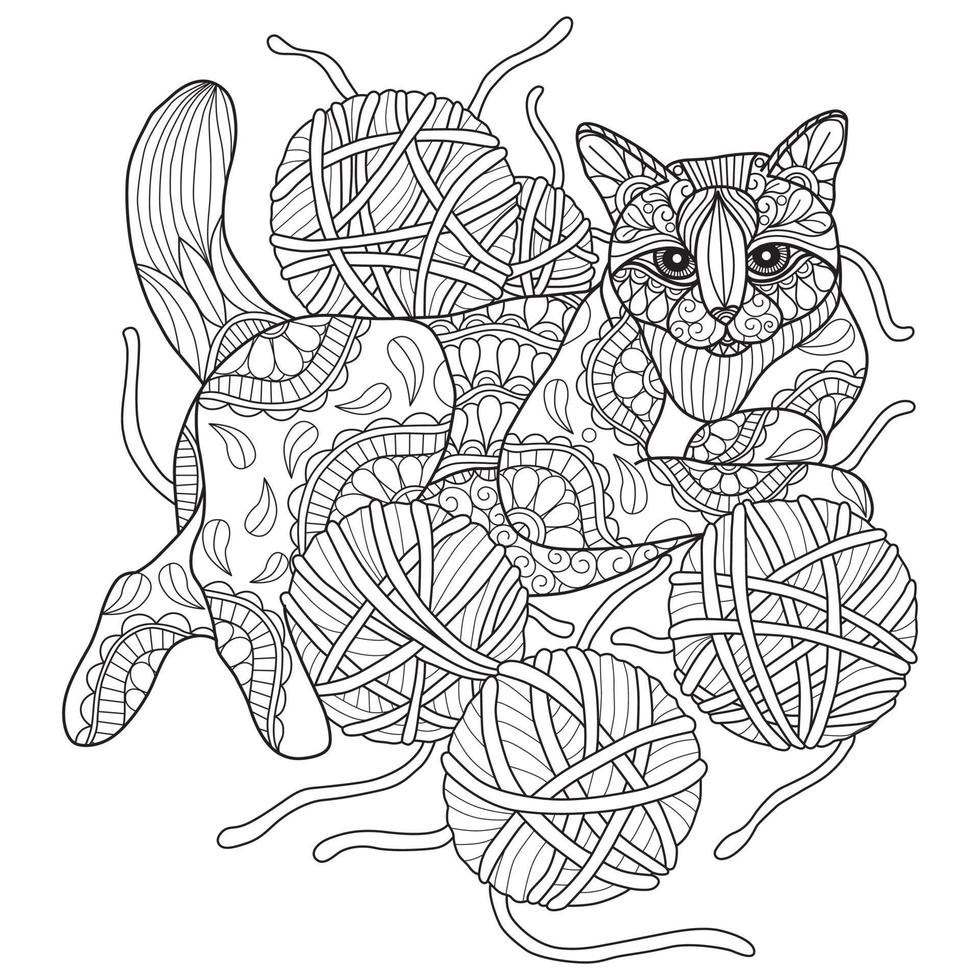 cat and yarn hand drawn for adult coloring book vector