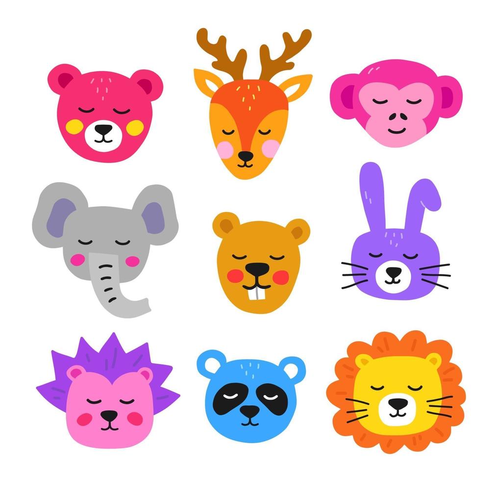 Cute hand drawn animal faces. Collection vector animals.