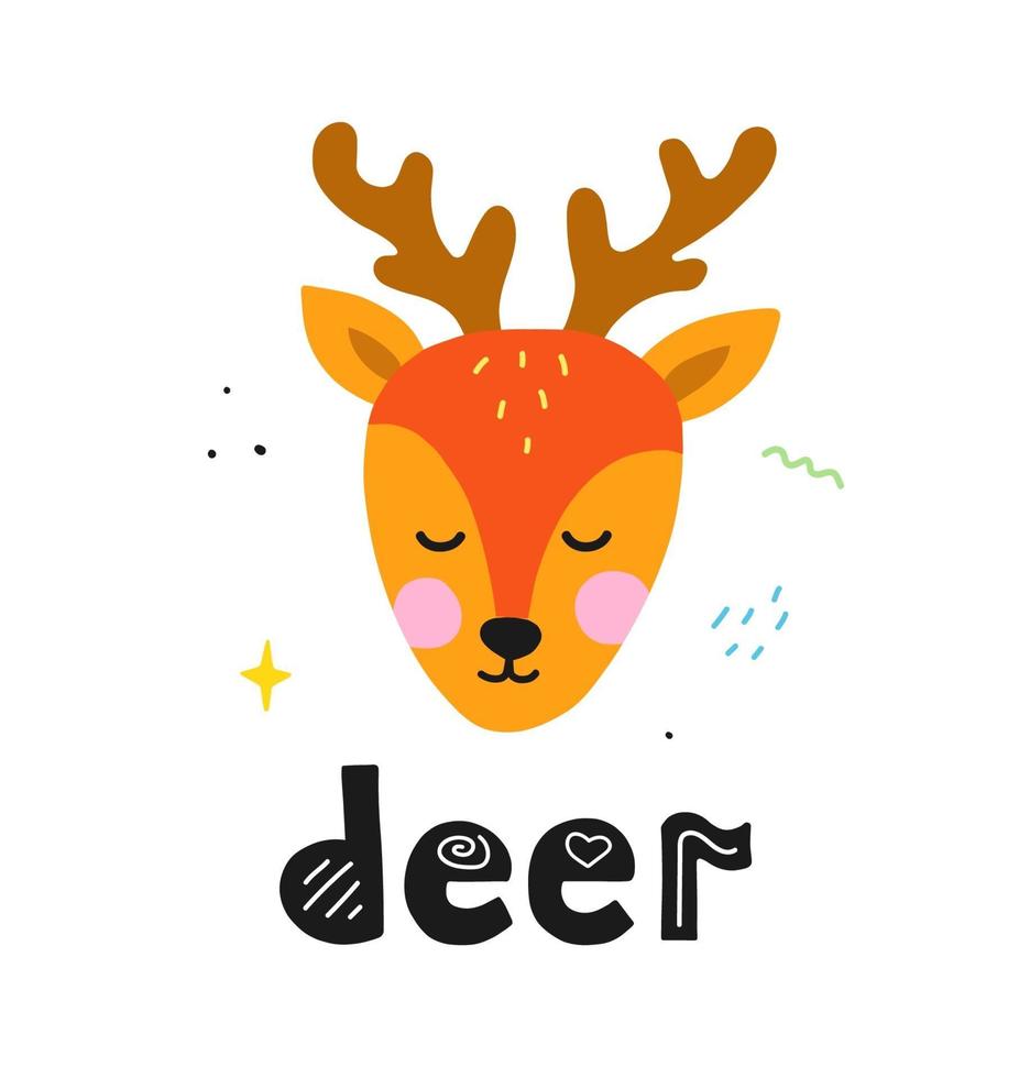 lindo ciervo cabeza dibujada a mano con letras. vector ilustración de animales.