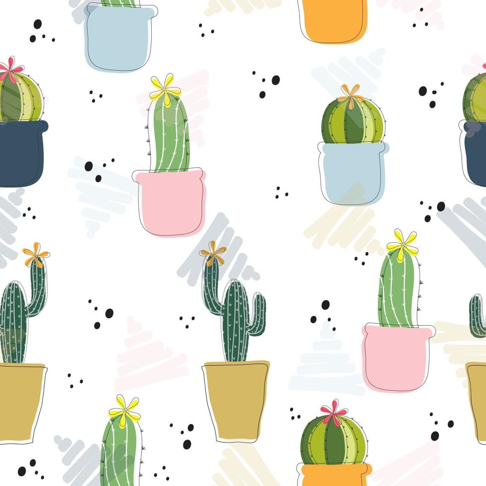 Plantas en macetas dibujadas a mano sin costuras, fondo de cactus vector