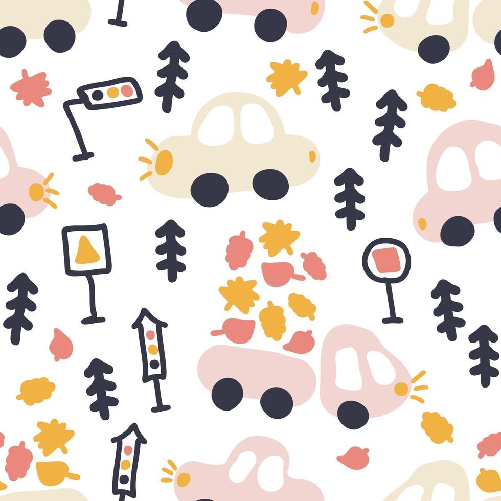 Hand drawn vector seamless pattern of trucks carrying leaves