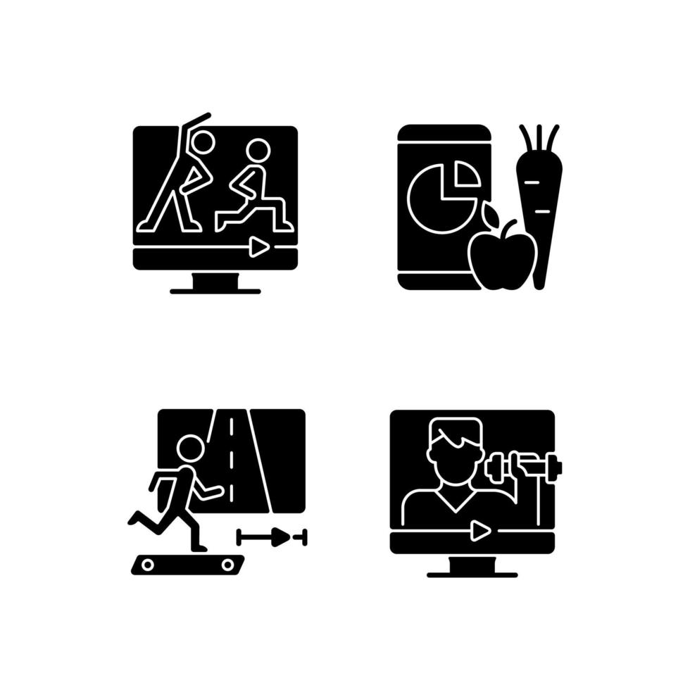 Online fitness coach black glyph icons set on white space. vector