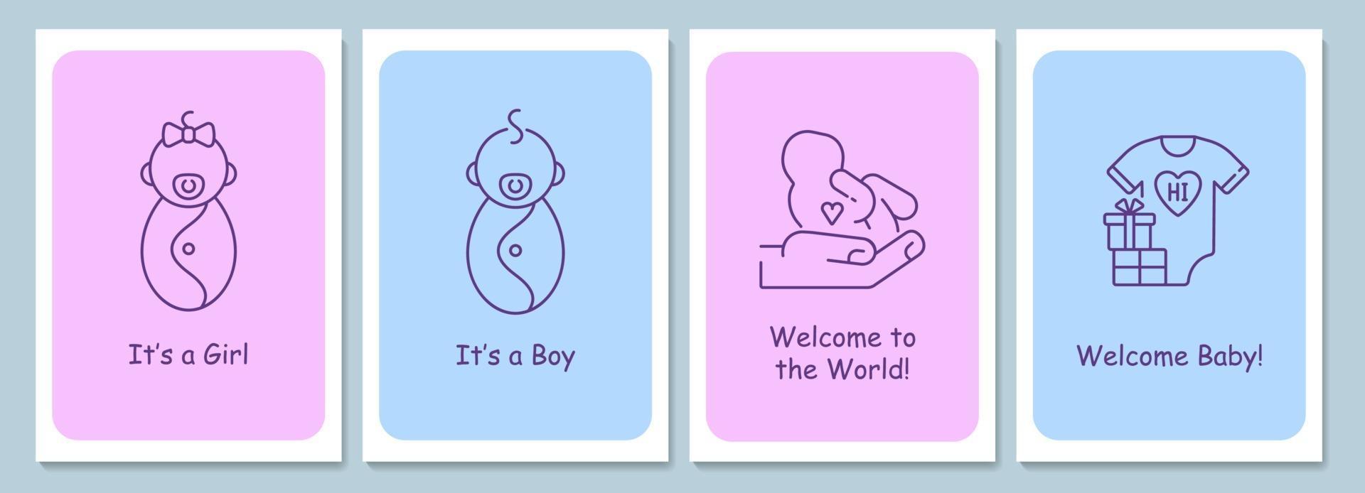 New baby welcoming event postcards with linear glyph icon set vector