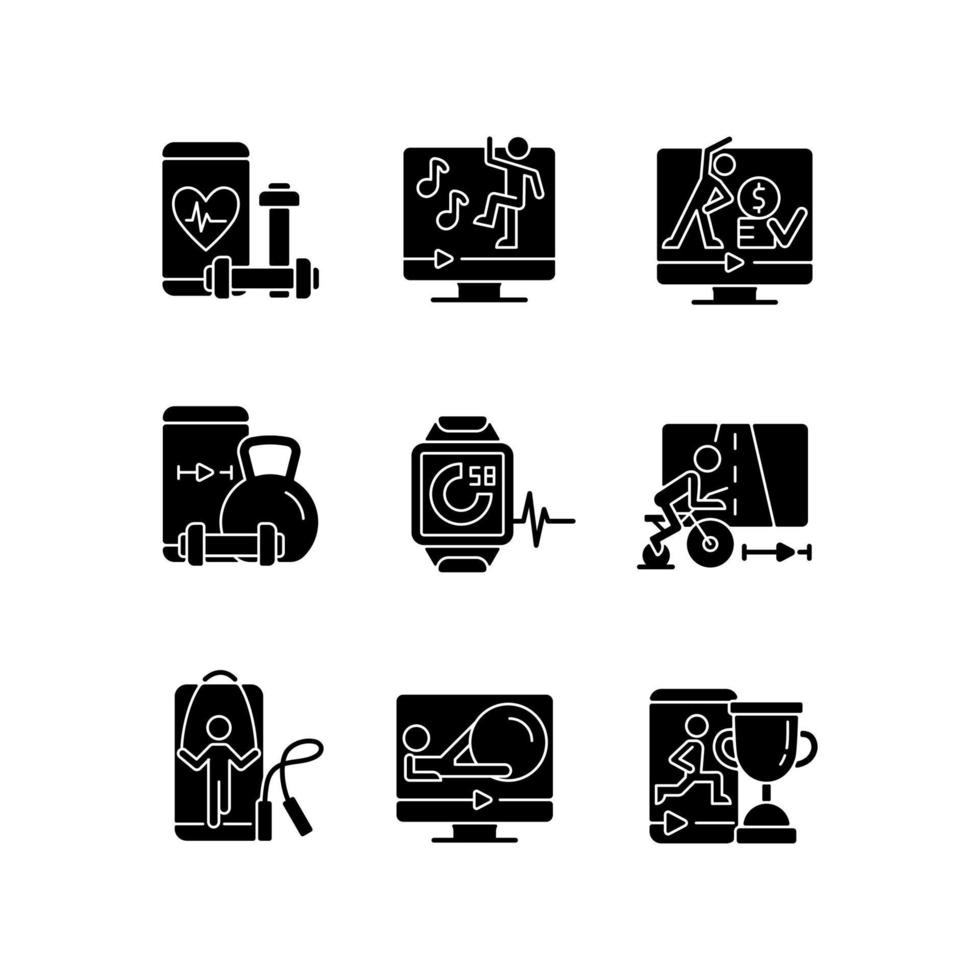 Online fitness training apps black glyph icons set on white space. vector