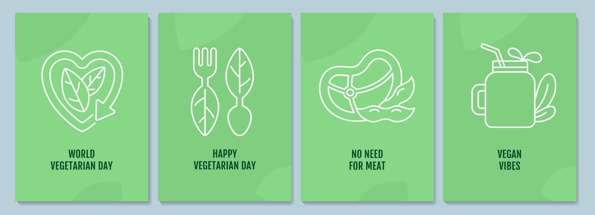 Veganism movement postcards with linear glyph icon set vector