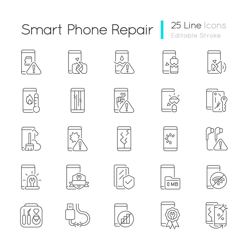 conjunto de iconos lineales de reparación de teléfonos inteligentes vector