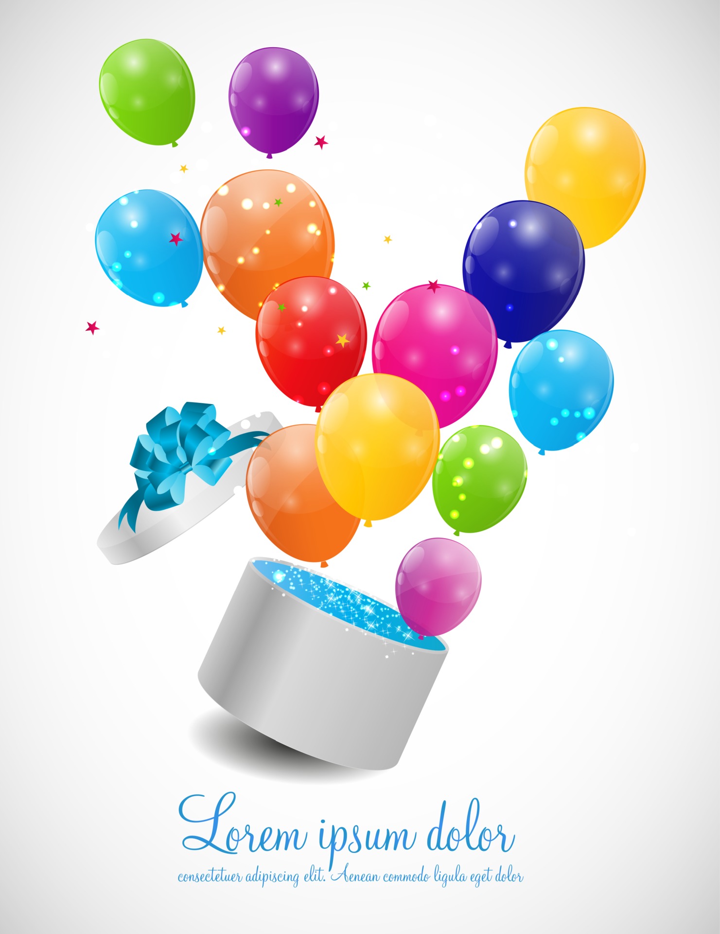 Color Glossy Balloons in Gift Box Background Vector Illustration