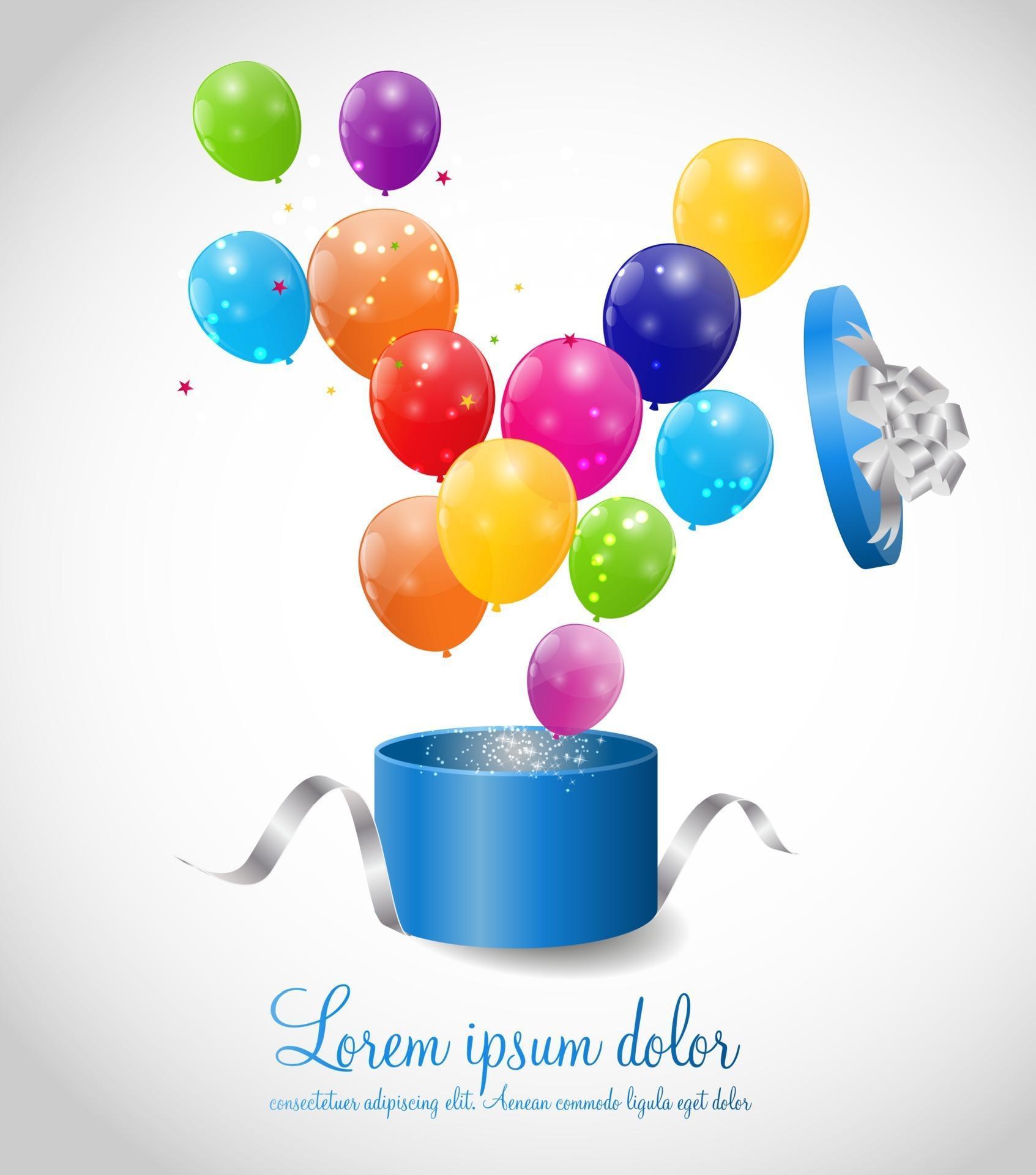 Color Glossy Balloons in Gift Box Background Vector Illustration