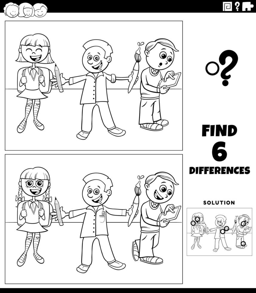 differences game with school students coloring book page vector