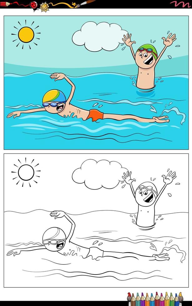 cartoon swimming boys characters group coloring book page vector