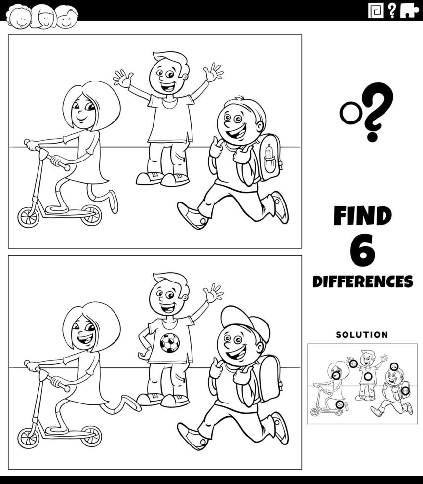 differences game with school children coloring book page vector