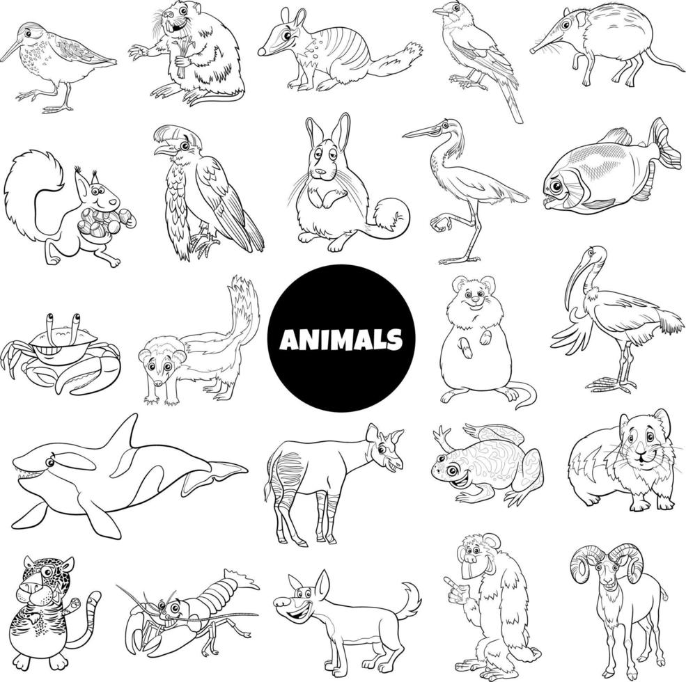 personajes de animales salvajes de dibujos animados en blanco y negro vector