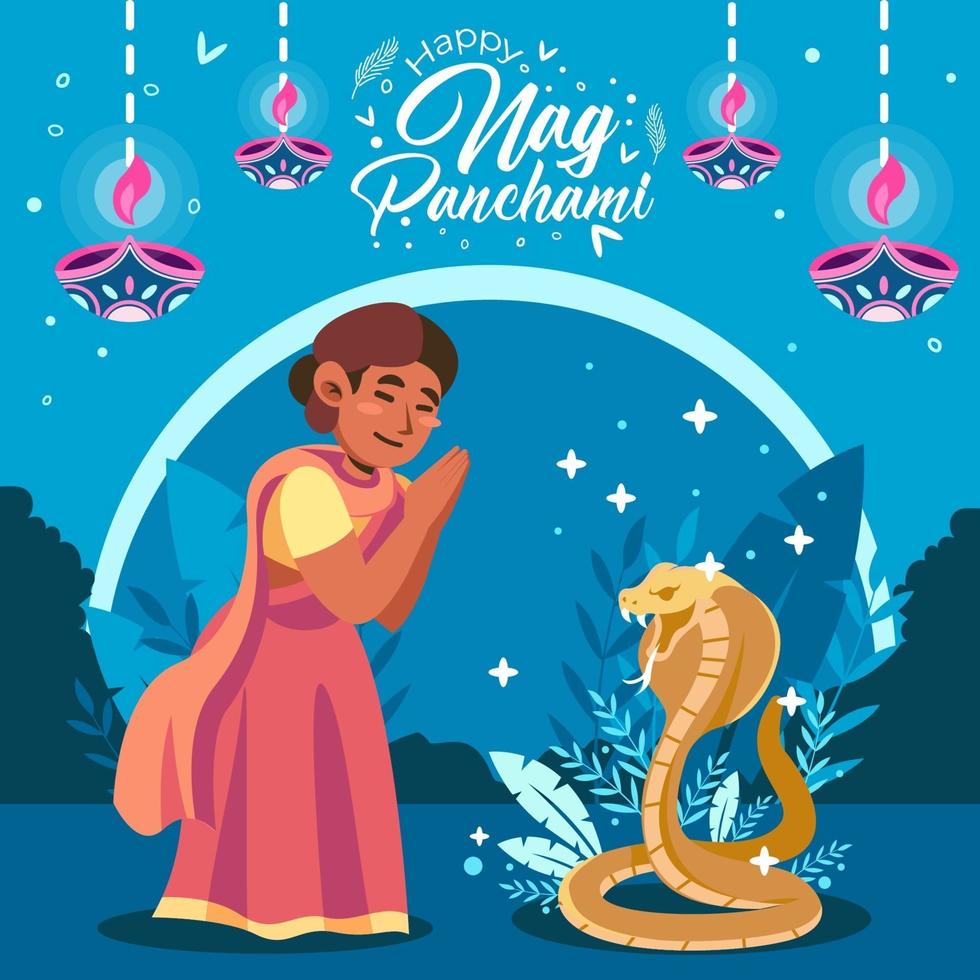 mujer india en la tradición nag panchami vector