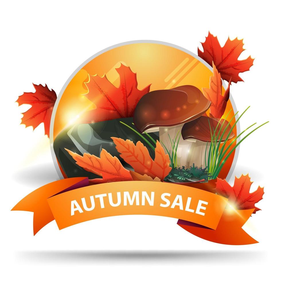 Autumn round banner with ribbon, mushrooms and autumn leaves vector
