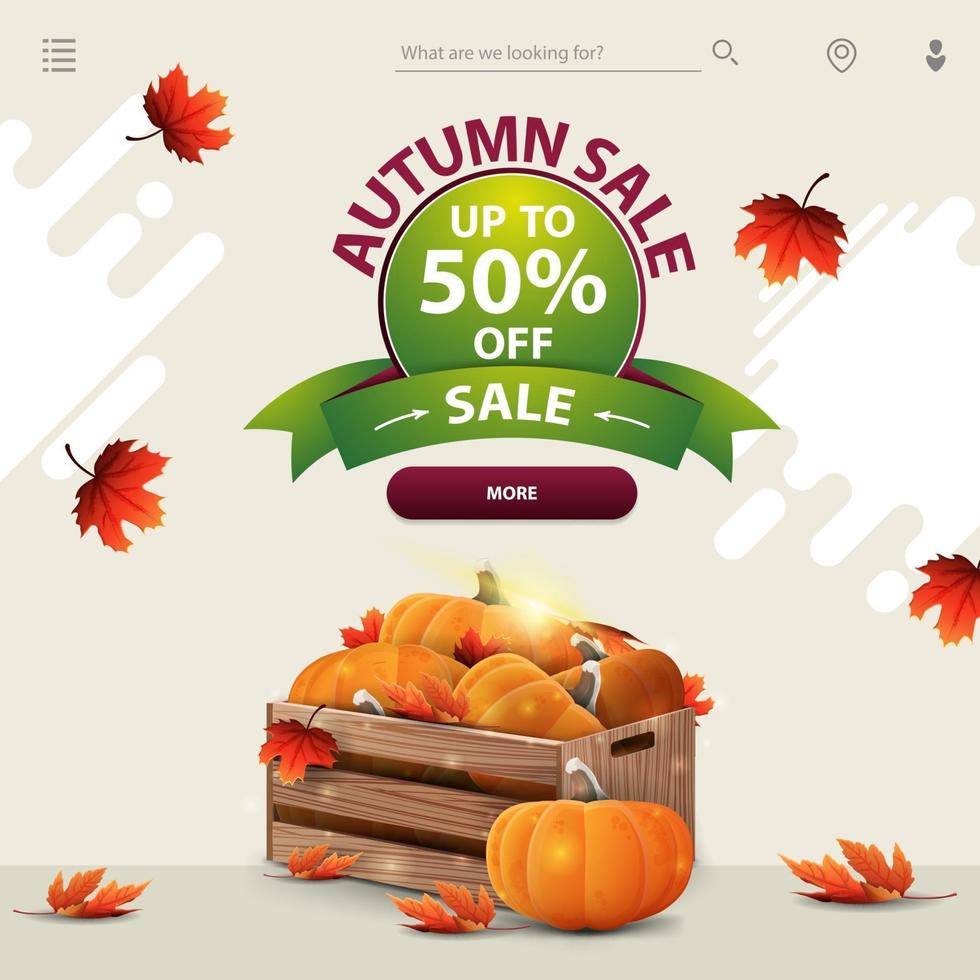 Autumn discount template for website with wooden crates of pumpkins vector