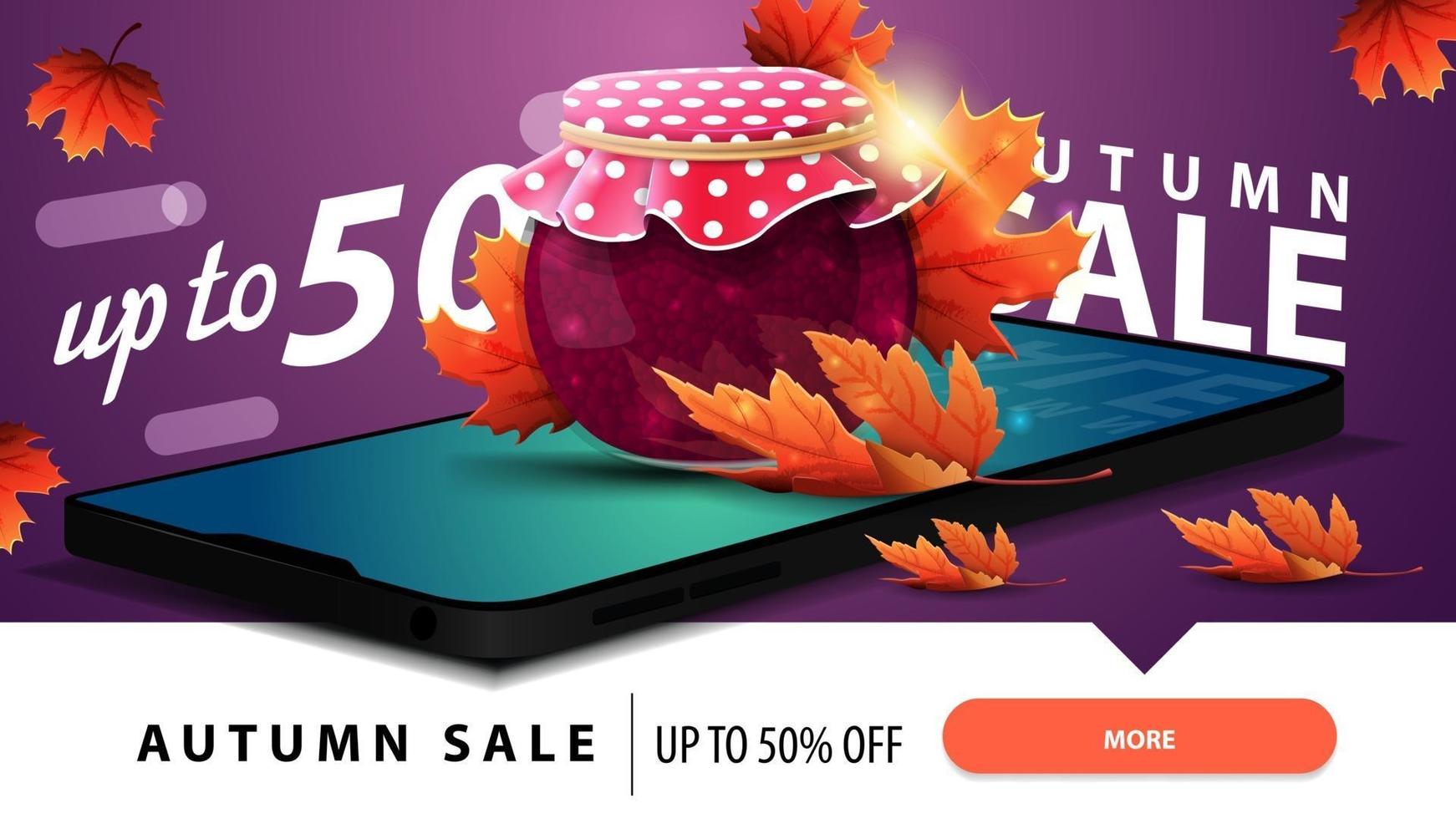 Autumn banner with a smartphone, jar of jam and maple leaves vector