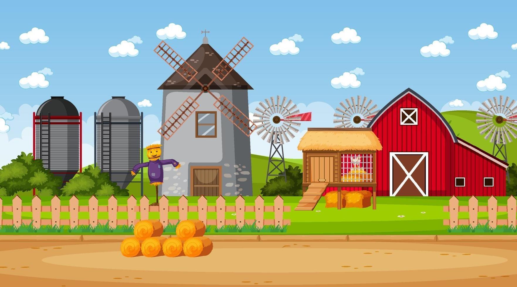 Farm scene with barn and windmill vector