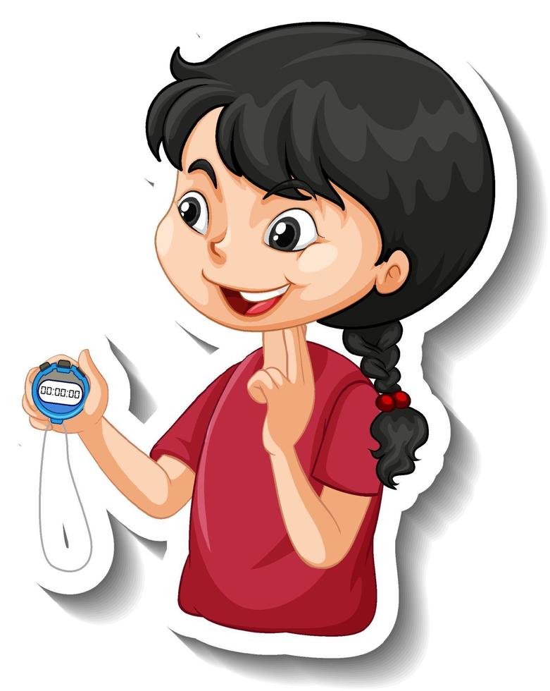 Cartoon character sticker with sport coach girl holding a timer vector